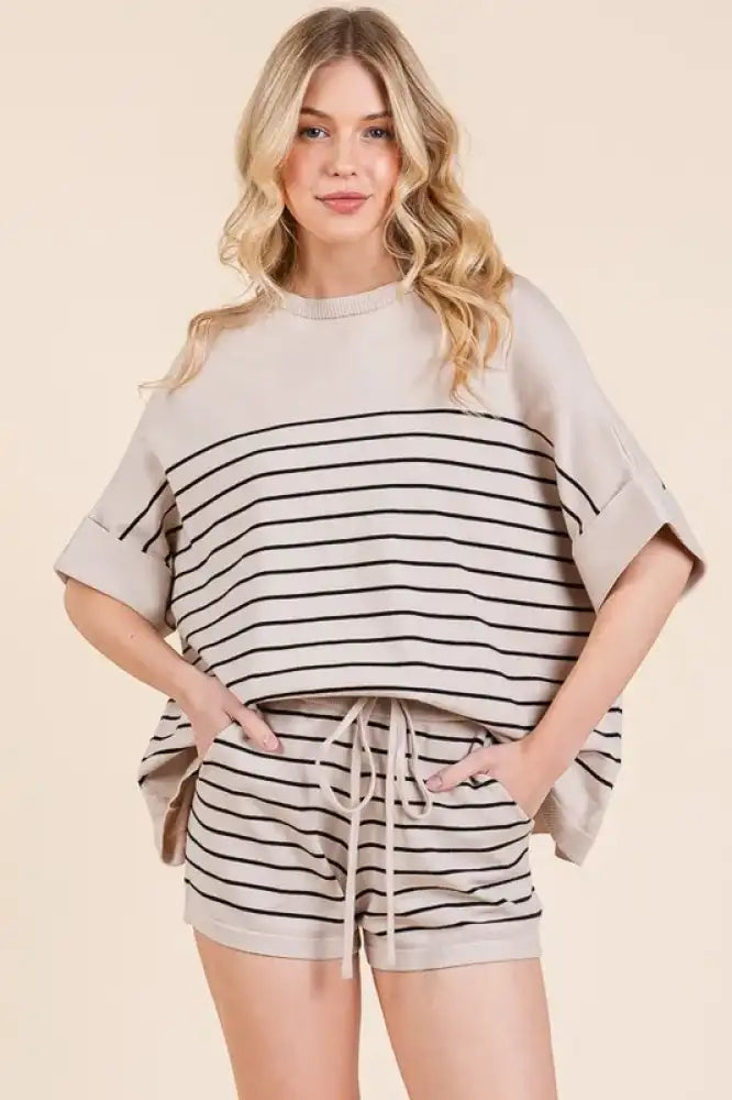 Lime ’N’ Chili Striped Folded Half Sleeve Top and Shorts Set