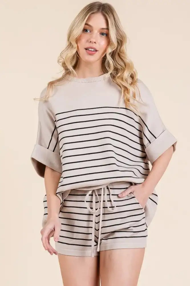 Lime ’N’ Chili Striped Folded Half Sleeve Top and Shorts Set
