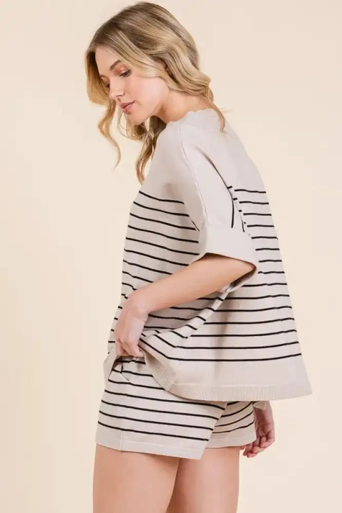 Lime ’N’ Chili Striped Folded Half Sleeve Top and Shorts Set