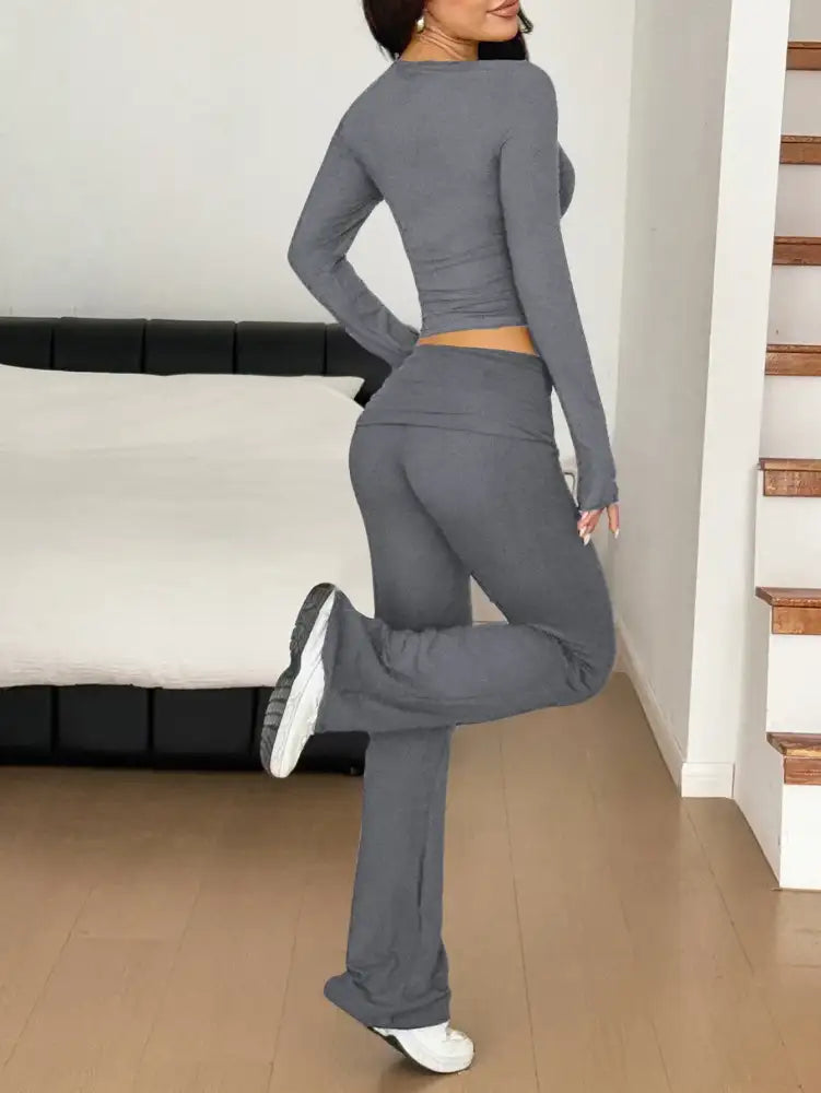 Long Sleeve Crop Top and Bootcut Pants Set