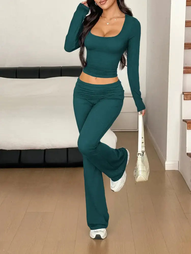 Long Sleeve Crop Top and Bootcut Pants Set