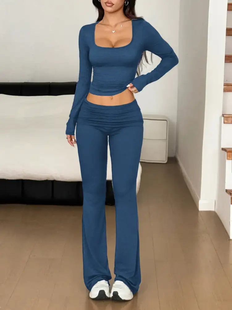 Long Sleeve Crop Top and Bootcut Pants Set