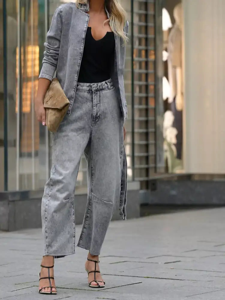 Long Sleeve Top and Wide Leg Jeans Denim Set