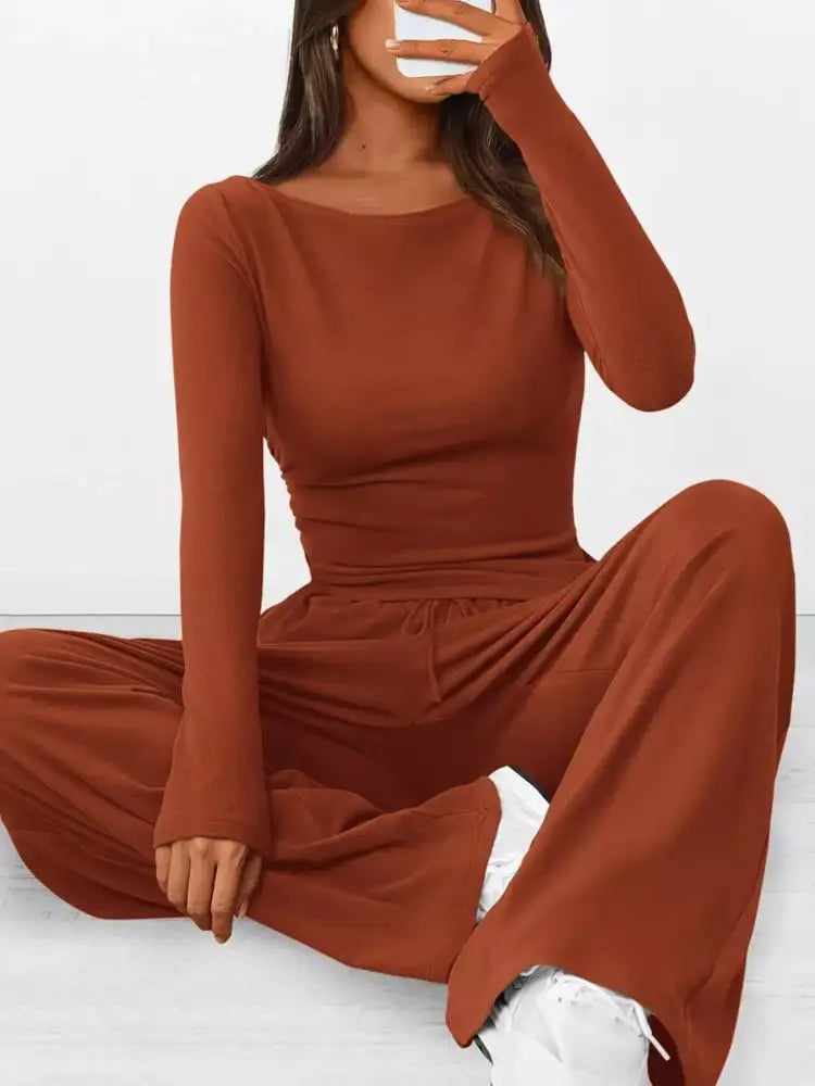 Long Sleeve Top and Wide Leg Pants Set