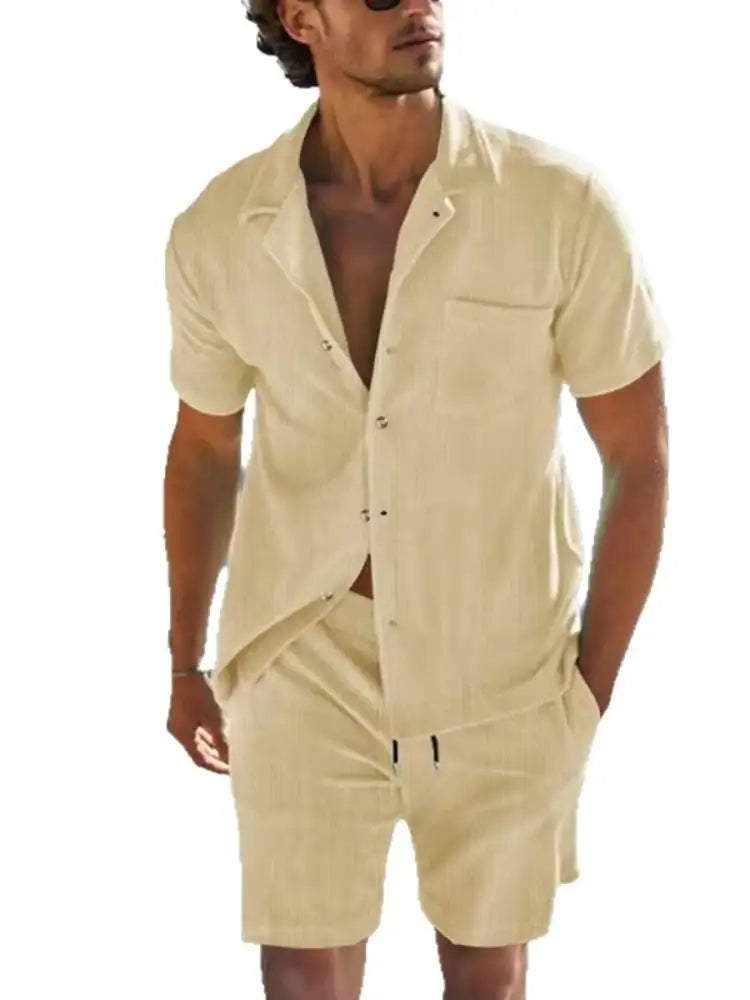 Men’s Button Detail Short Sleeve Top and Shorts Set - Beige | beige linen short-sleeved shirt shorts