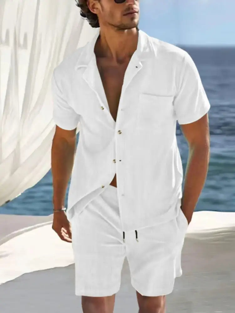 Men’s Button Detail Short Sleeve Top and Shorts Set - Beige | white linen romper button-down pockets