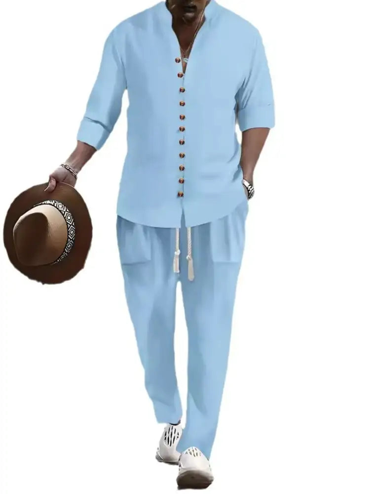 Men’s Button Front Long Sleeve Shirt and Pants Set