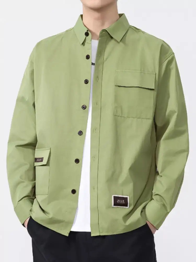 Men’s Button Up Long Sleeve Shirt - Green | olive green utility jacket multiple