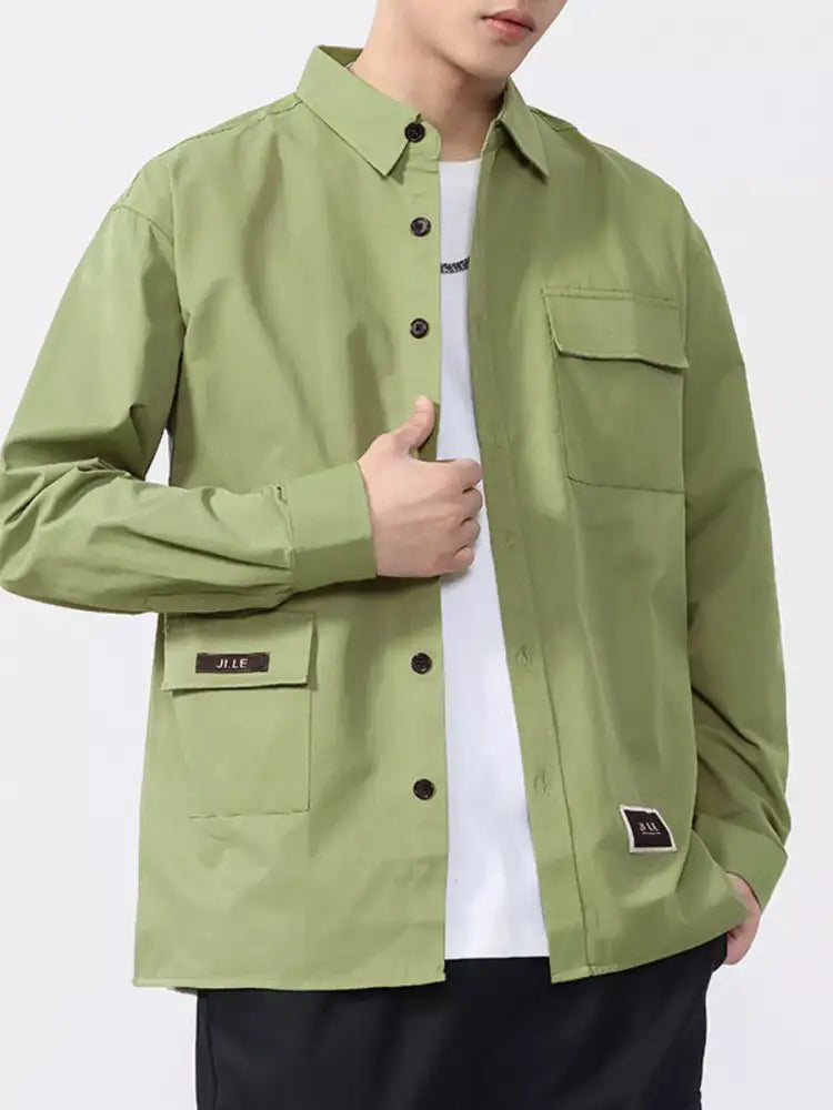 Men’s Button Up Long Sleeve Shirt - Green | olive green utility shirt chest