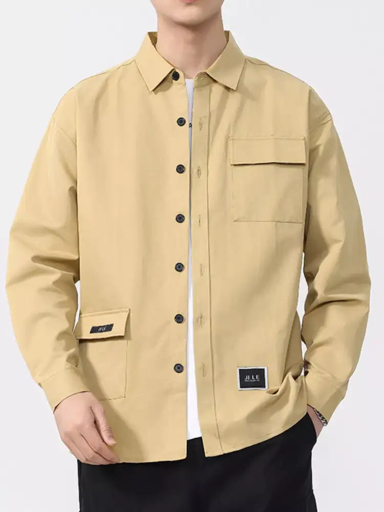 Men’s Button Up Long Sleeve Shirt - Green | beige utility jacket black accents