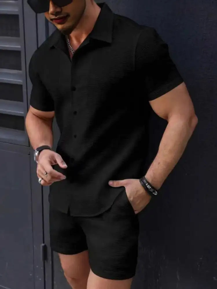 Men’s Button Up Short Sleeve Shirt and Shorts Set