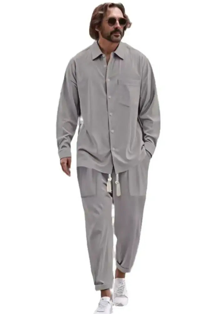 Men’s Collared Neck Long Sleeve Top and Pants Set Plus Size