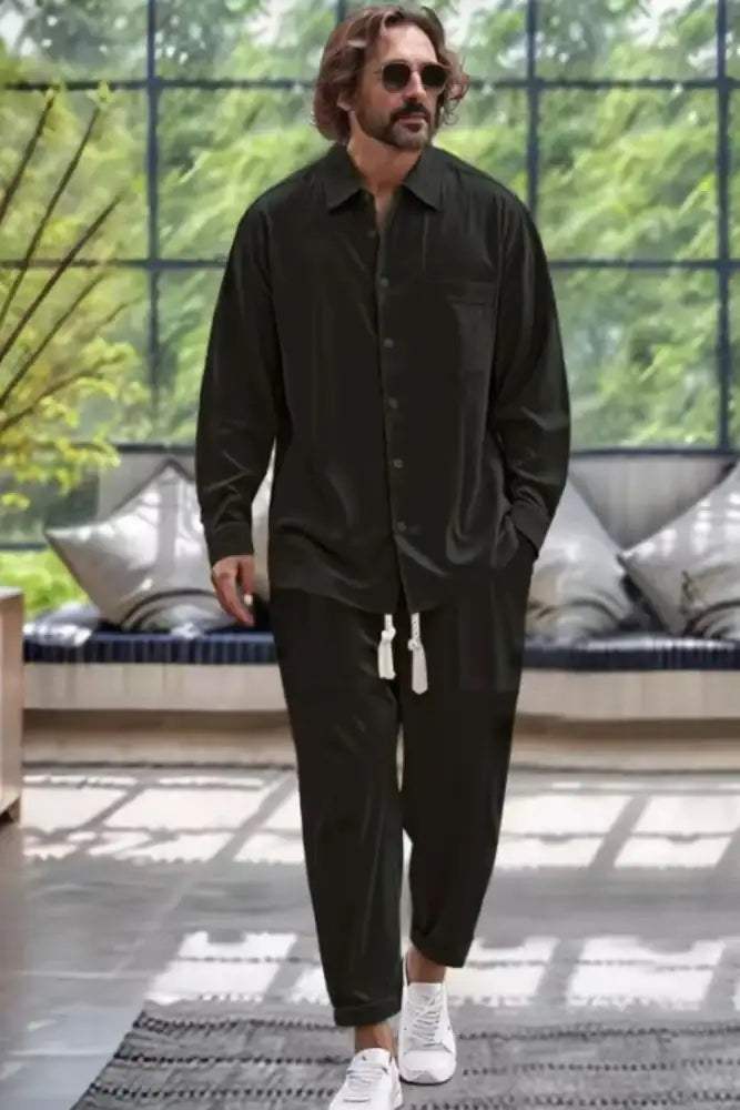 Men’s Collared Neck Long Sleeve Top and Pants Set Plus Size