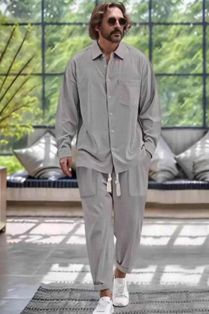 Men’s Collared Neck Long Sleeve Top and Pants Set Plus Size