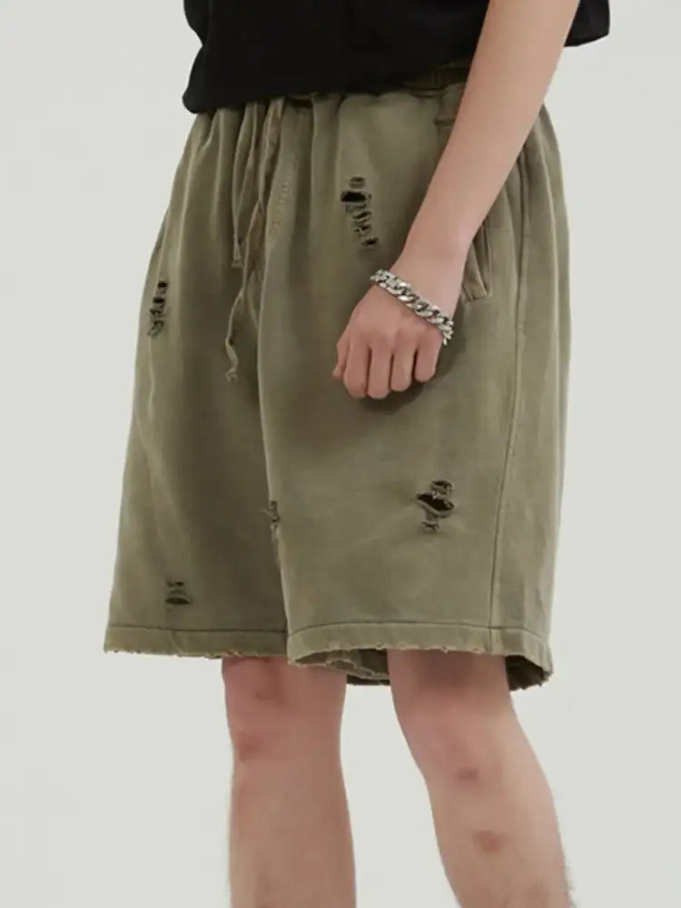 Men’s Distressed Drawstring Solid Shorts