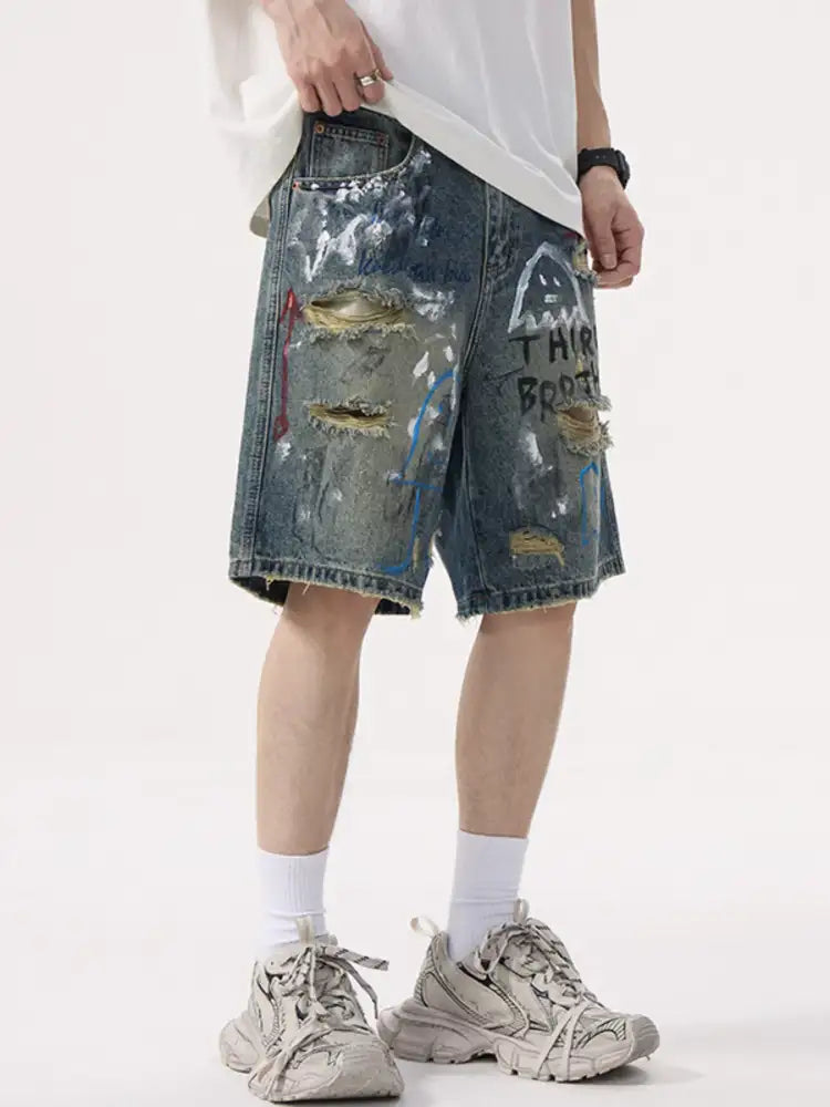 Men’s Distressed Graffiti Denim Shorts
