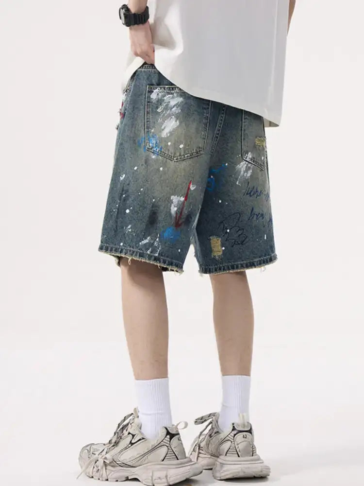 Men’s Distressed Graffiti Denim Shorts