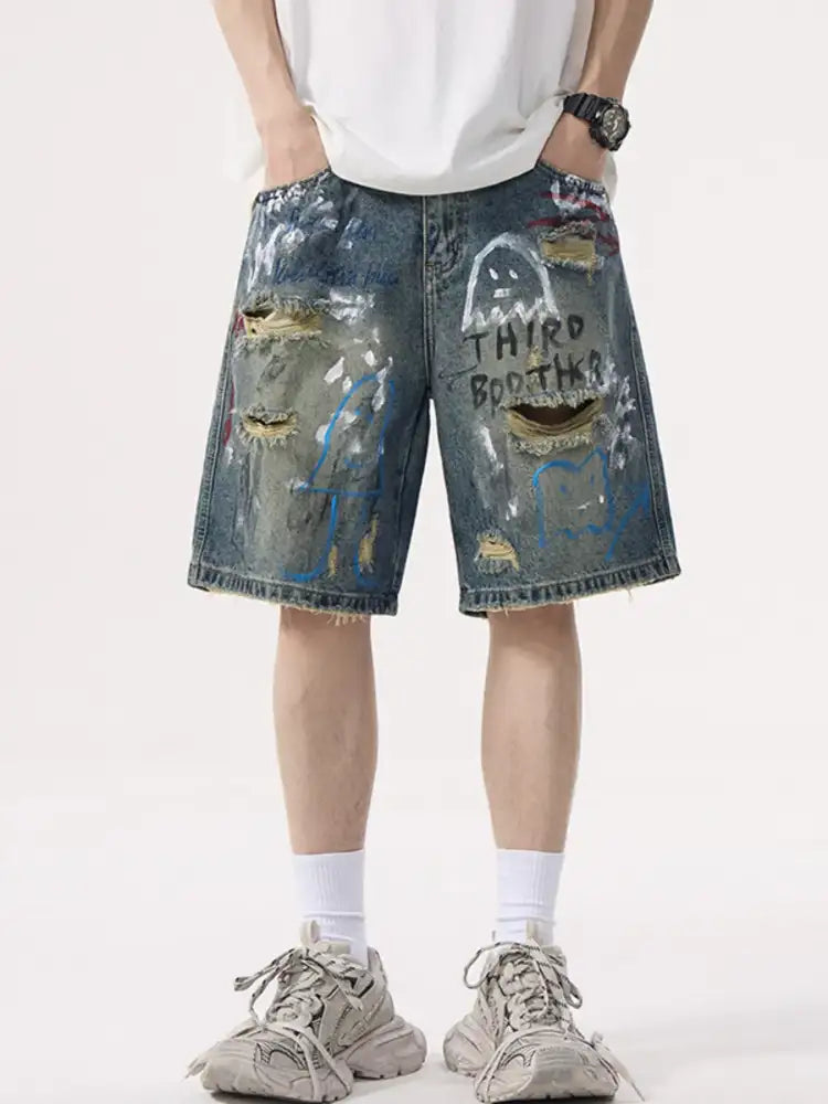 Men’s Distressed Graffiti Denim Shorts