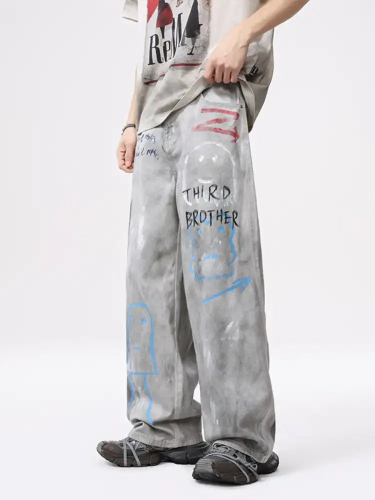 Men’s Distressed Graffiti Print Wide Leg Jeans