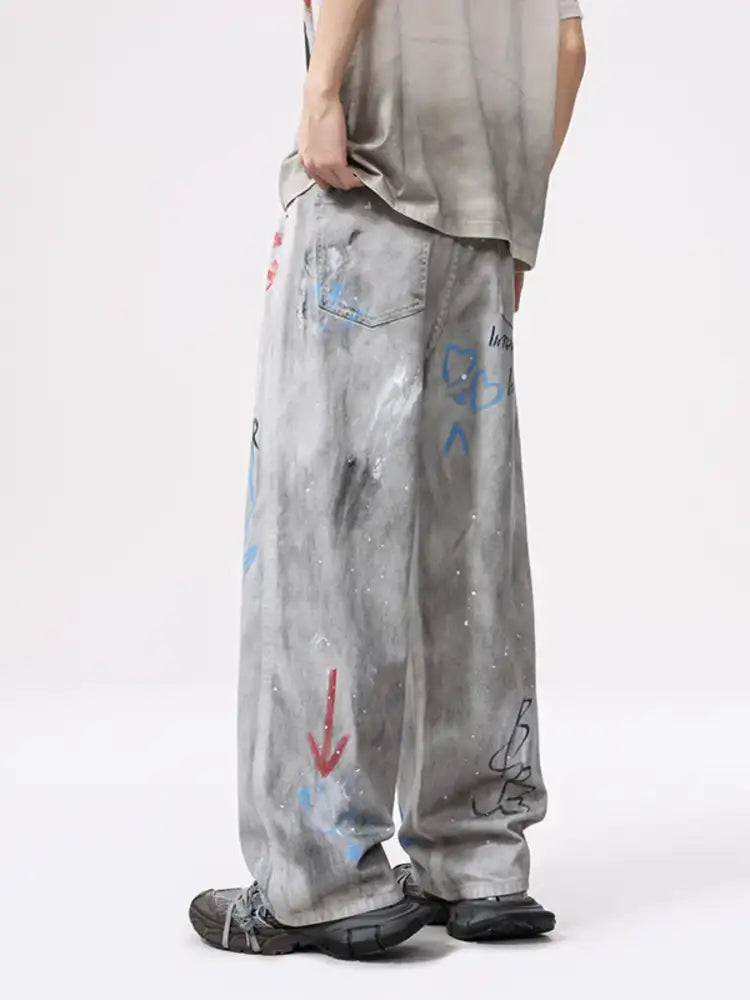 Men’s Distressed Graffiti Print Wide Leg Jeans