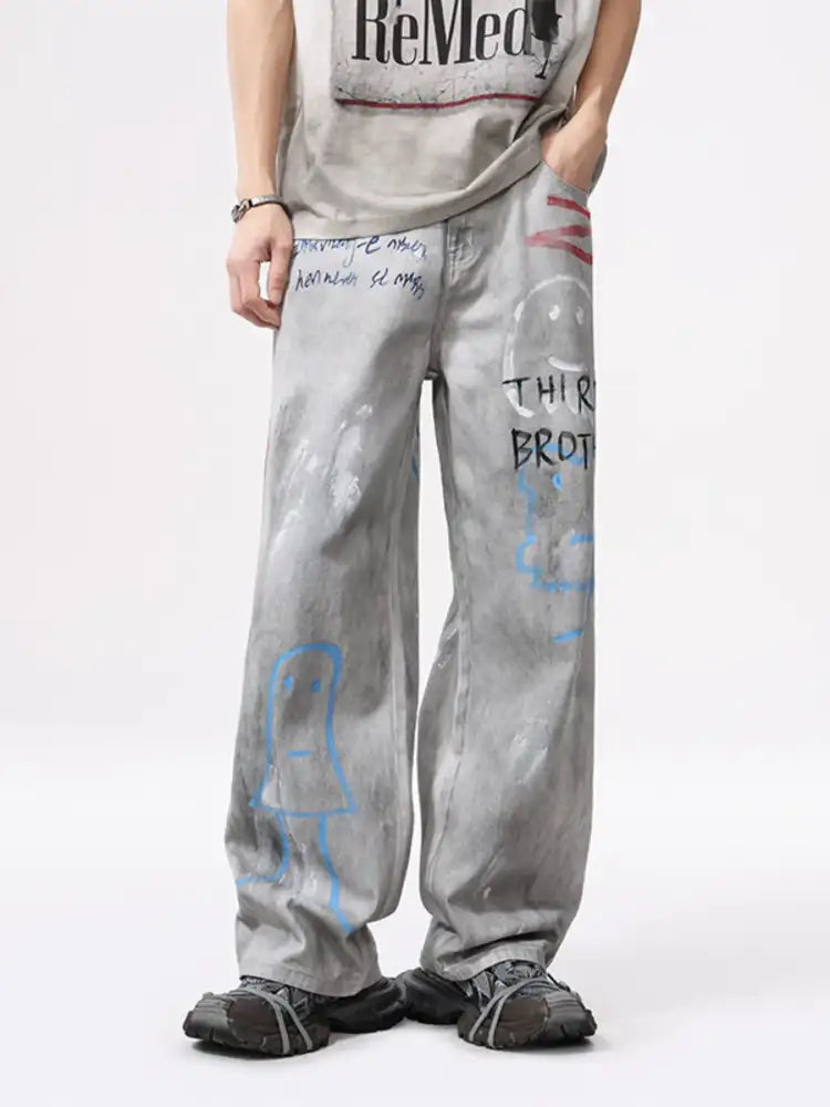 Men’s Distressed Graffiti Print Wide Leg Jeans