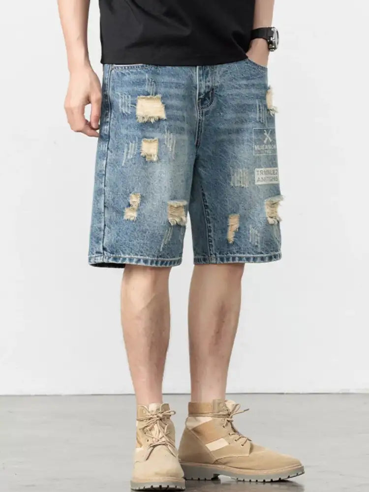 Men’s Distressed Loose Fit Denim Shorts