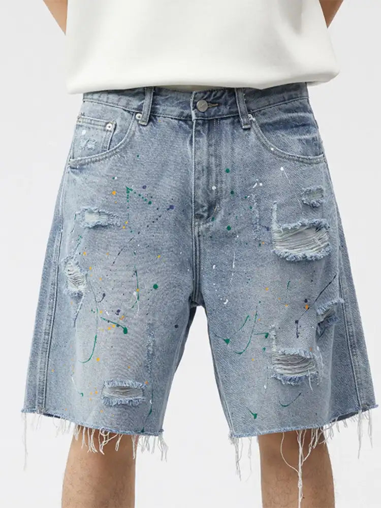 Men’s Distressed Paint Splatter Denim Shorts