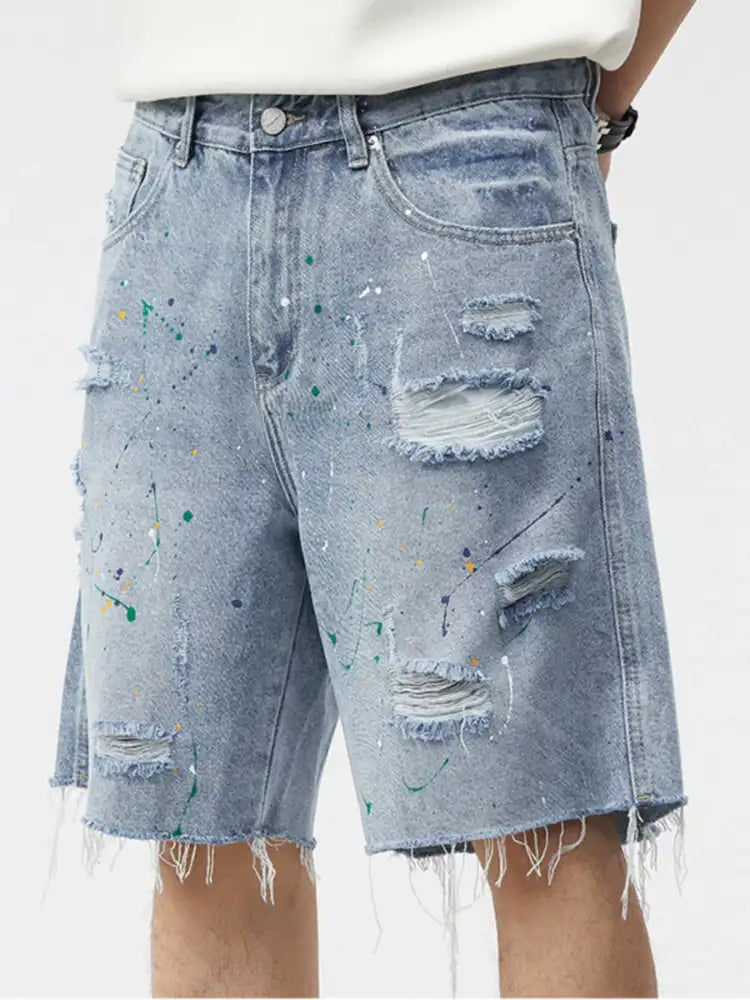 Men’s Distressed Paint Splatter Denim Shorts