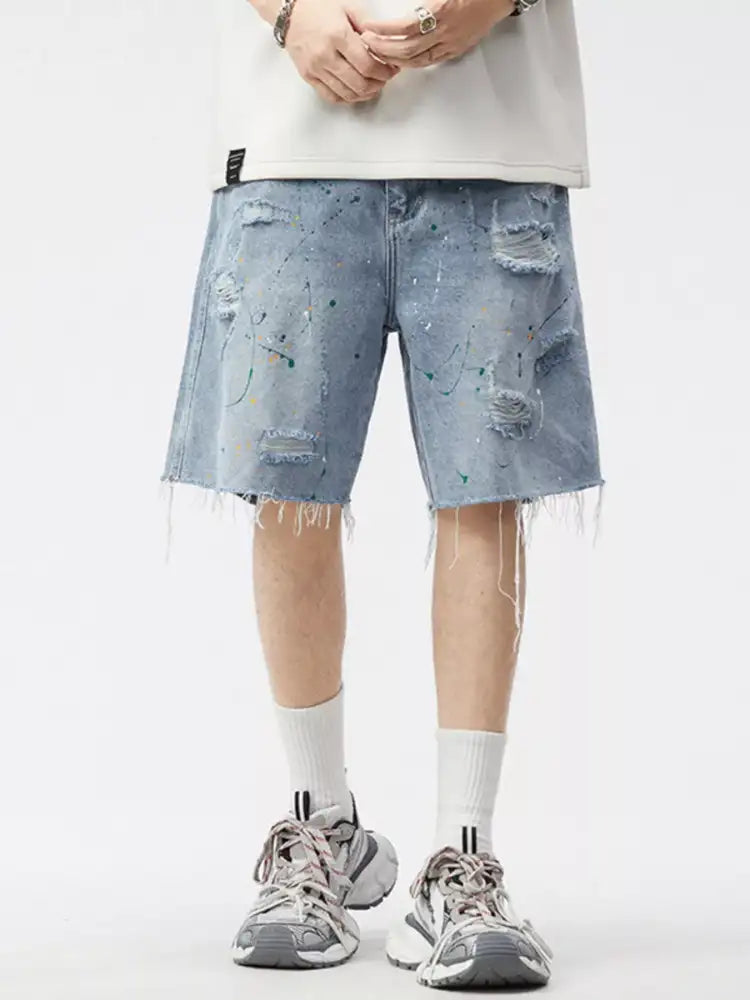 Men’s Distressed Paint Splatter Denim Shorts