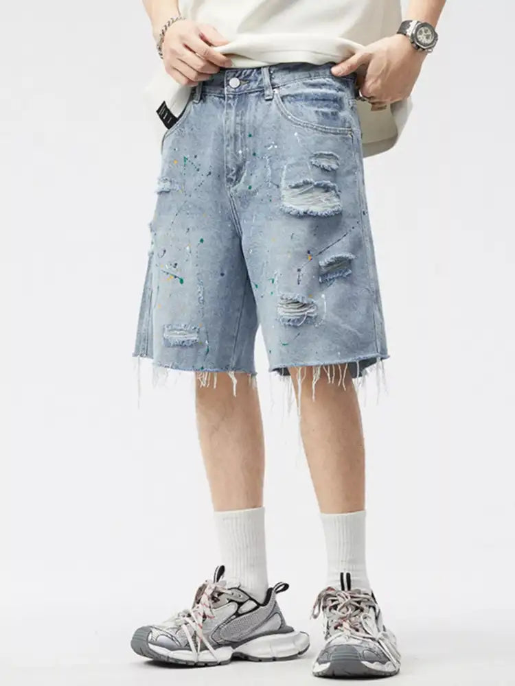 Men’s Distressed Paint Splatter Denim Shorts