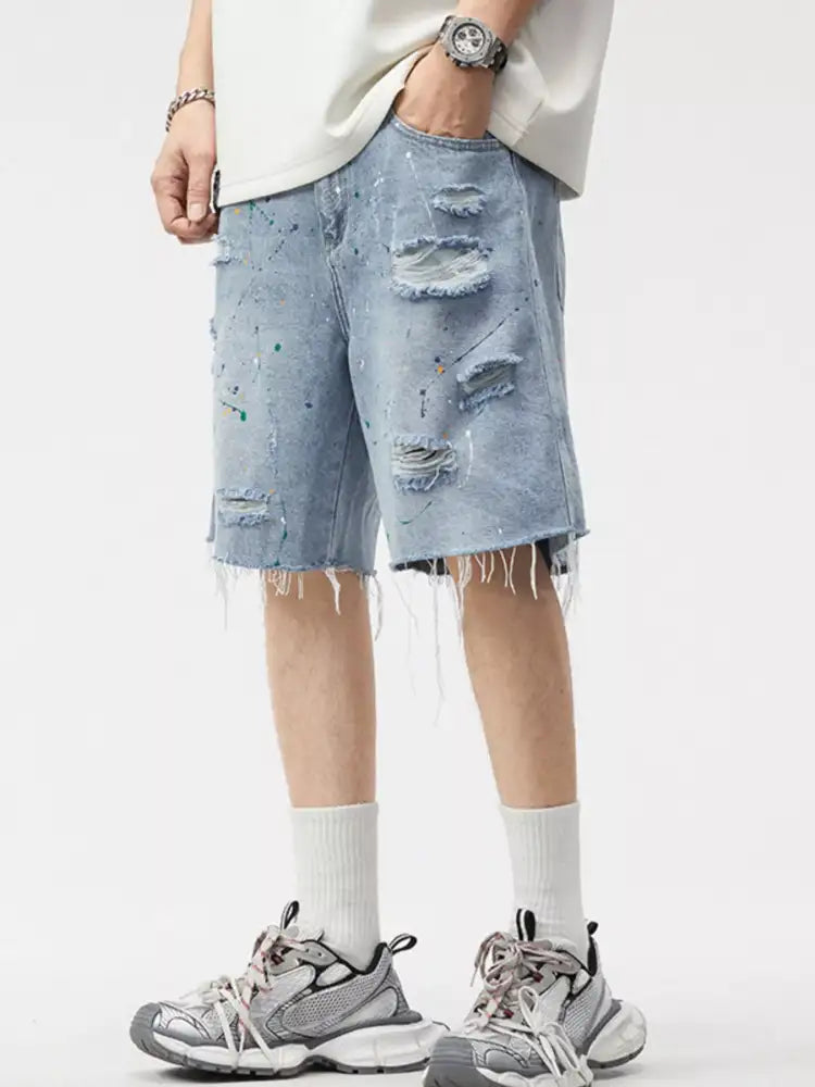 Men’s Distressed Paint Splatter Denim Shorts
