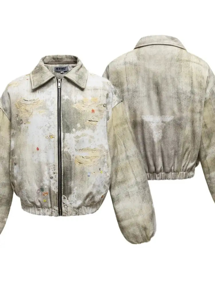Men’s Distressed Paint Splatter Zip Up Jacket