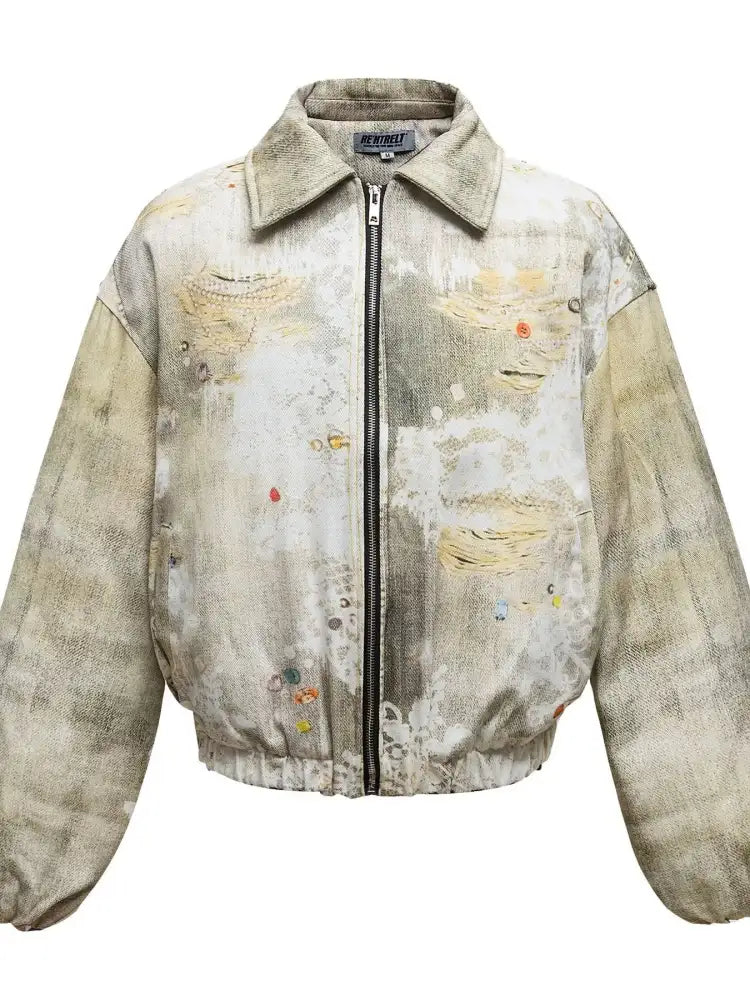 Men’s Distressed Paint Splatter Zip Up Jacket