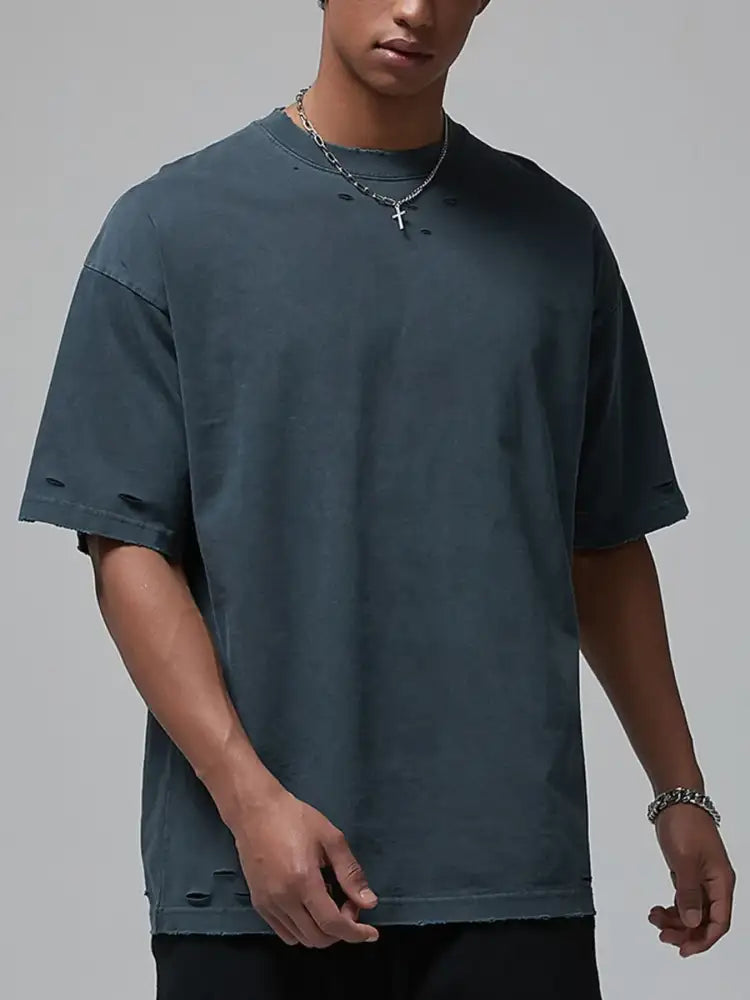Men’s Distressed Round Neck Short Sleeve T-Shirt
