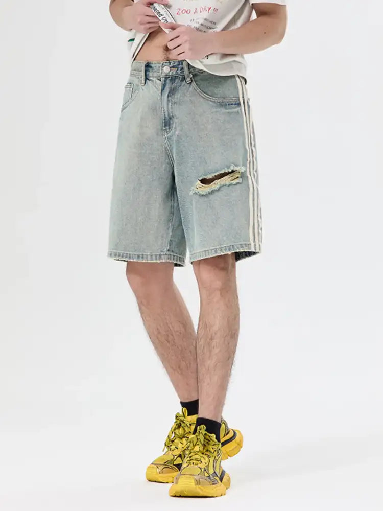 Men’s Distressed Side Striped Denim Shorts