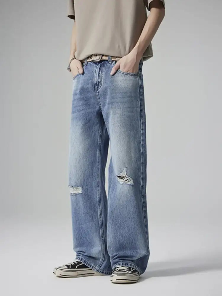 Men’s Distressed Wash Wide Leg Jeans