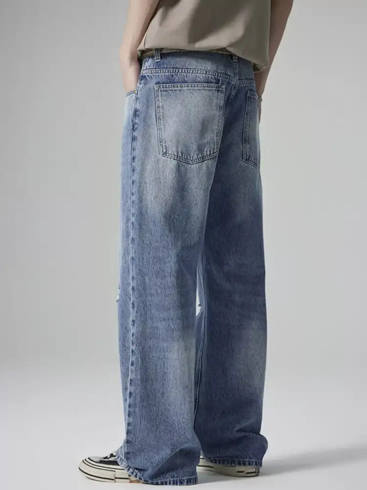 Men’s Distressed Wash Wide Leg Jeans