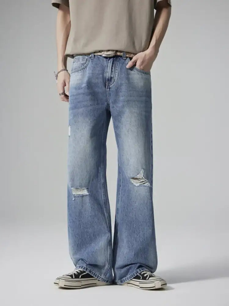 Men’s Distressed Wash Wide Leg Jeans