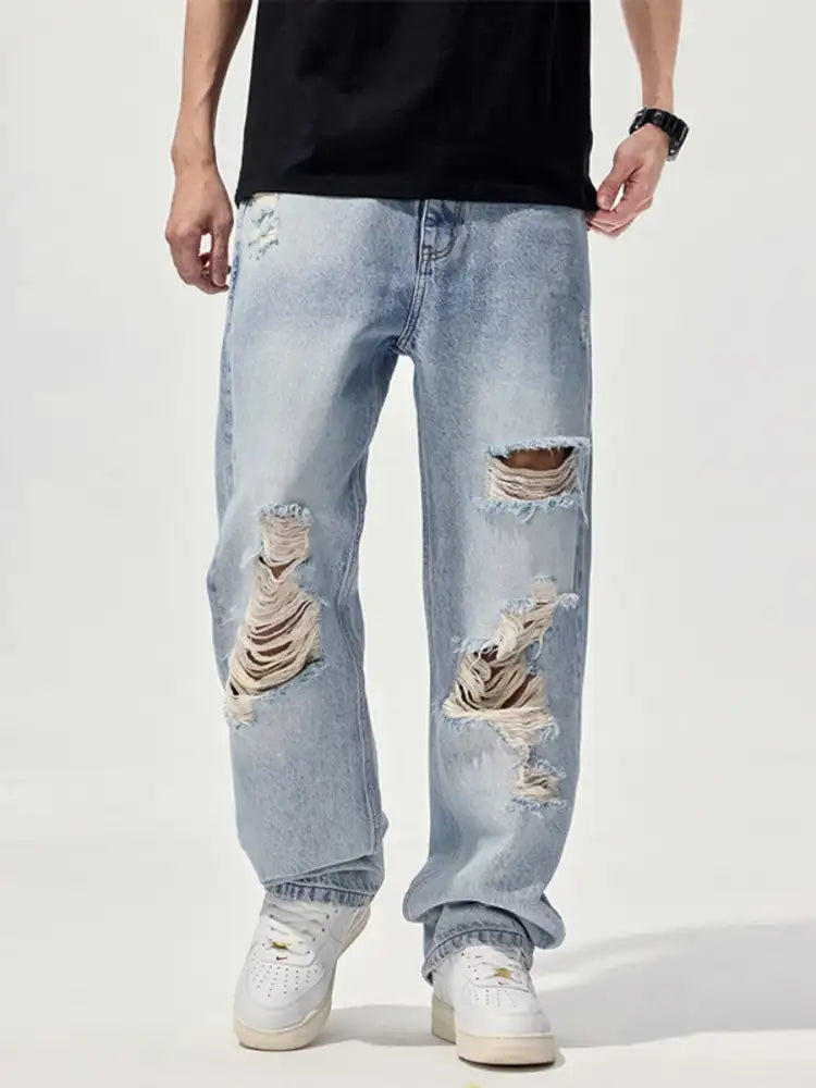 Men’s Distressed Washed Wide Leg Jeans
