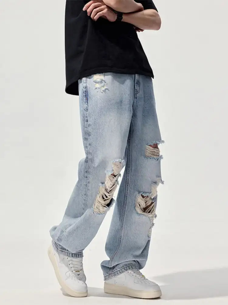 Men’s Distressed Washed Wide Leg Jeans