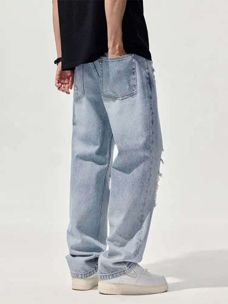 Men’s Distressed Washed Wide Leg Jeans