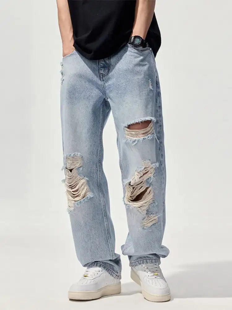 Men’s Distressed Washed Wide Leg Jeans