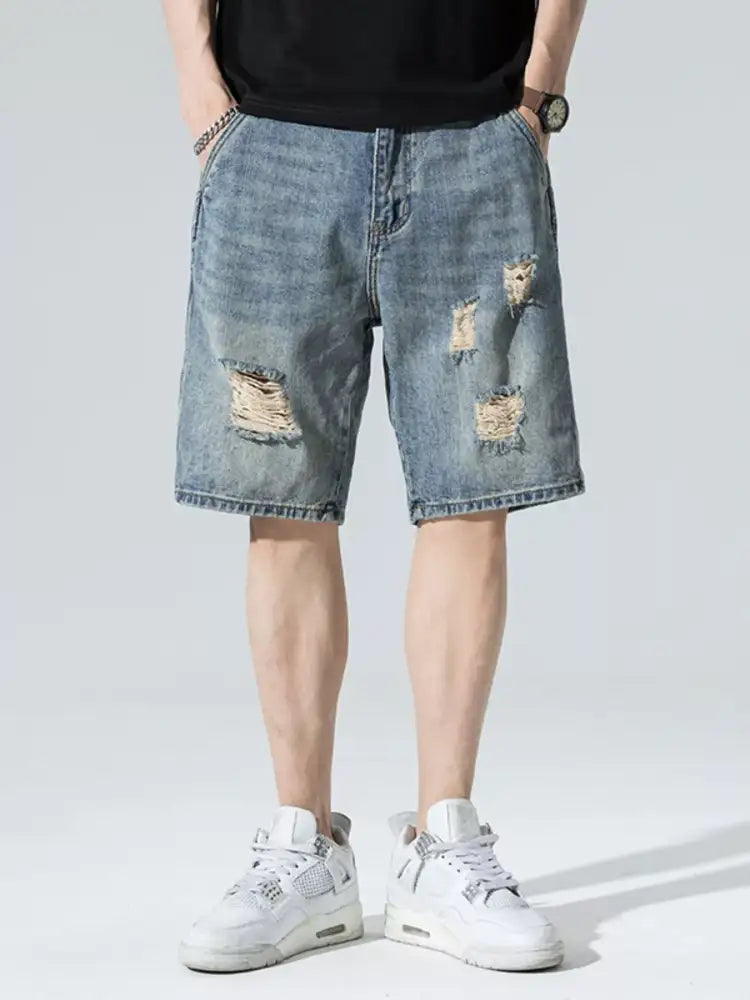 Men’s Distressed Wide Leg Denim Shorts