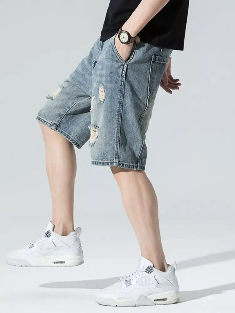 Men’s Distressed Wide Leg Denim Shorts