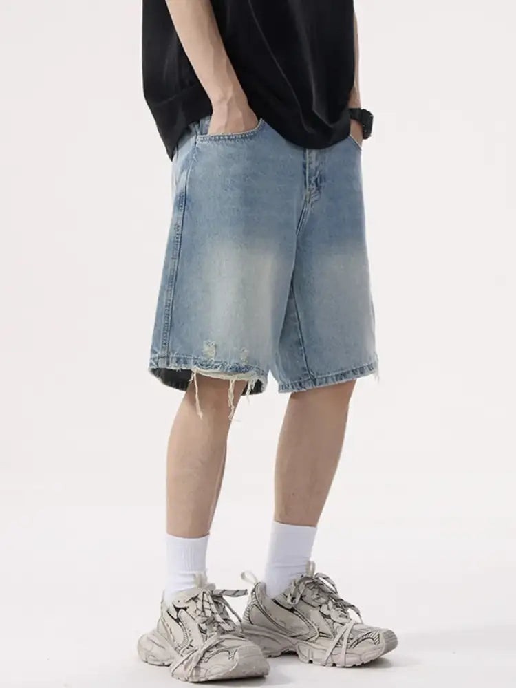 Men’s Distressed Wide Leg Denim Shorts