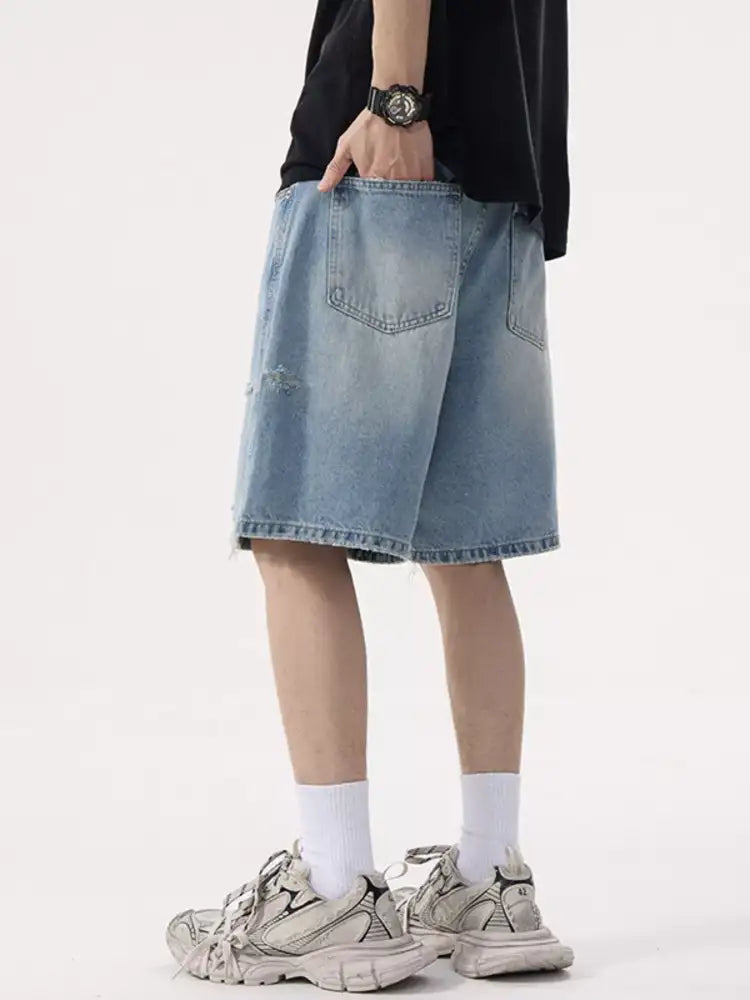 Men’s Distressed Wide Leg Denim Shorts