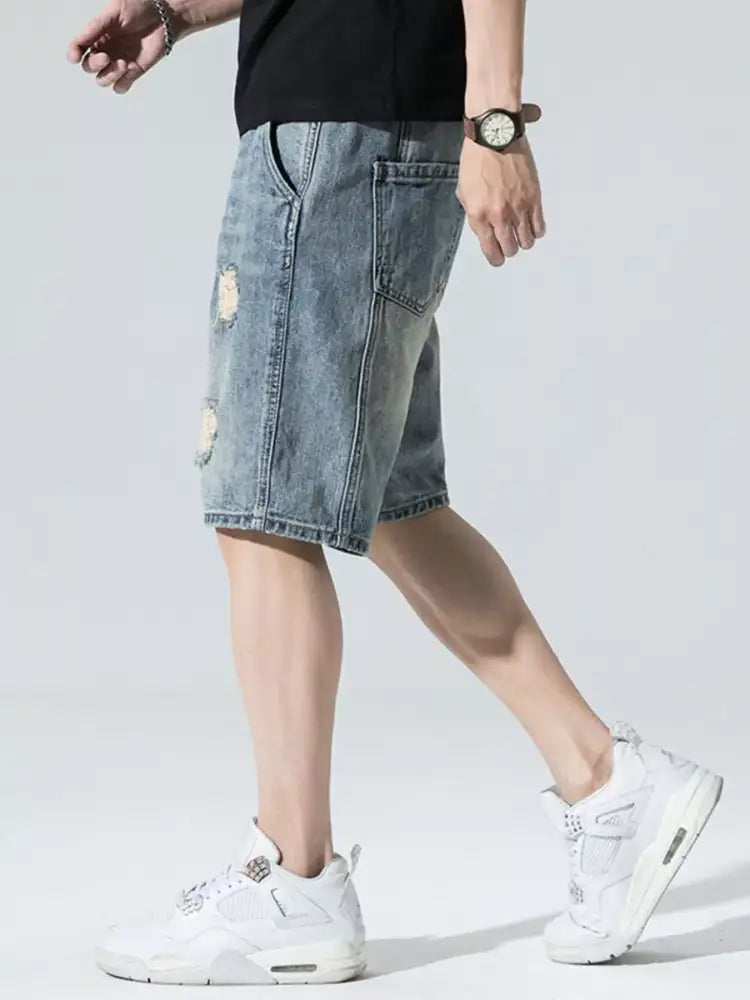 Men’s Distressed Wide Leg Denim Shorts