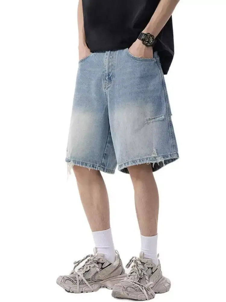 Men’s Distressed Wide Leg Denim Shorts
