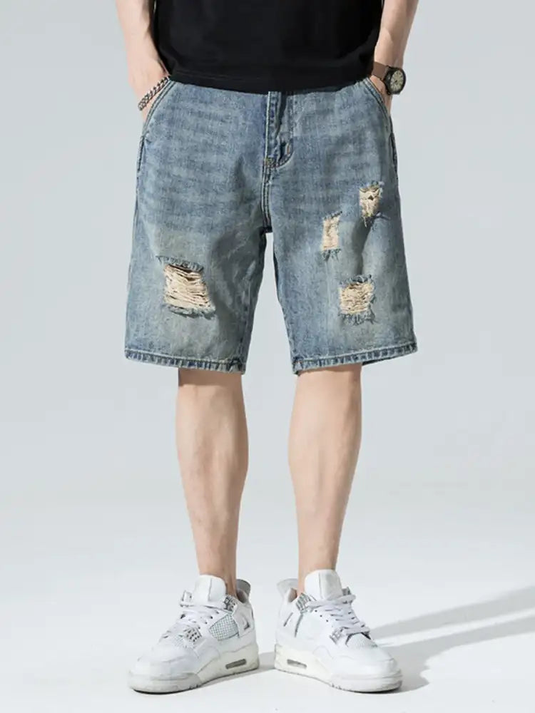 Men’s Distressed Wide Leg Denim Shorts