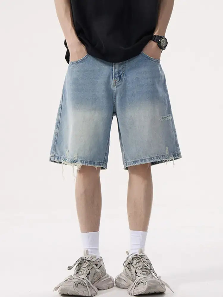 Men’s Distressed Wide Leg Denim Shorts